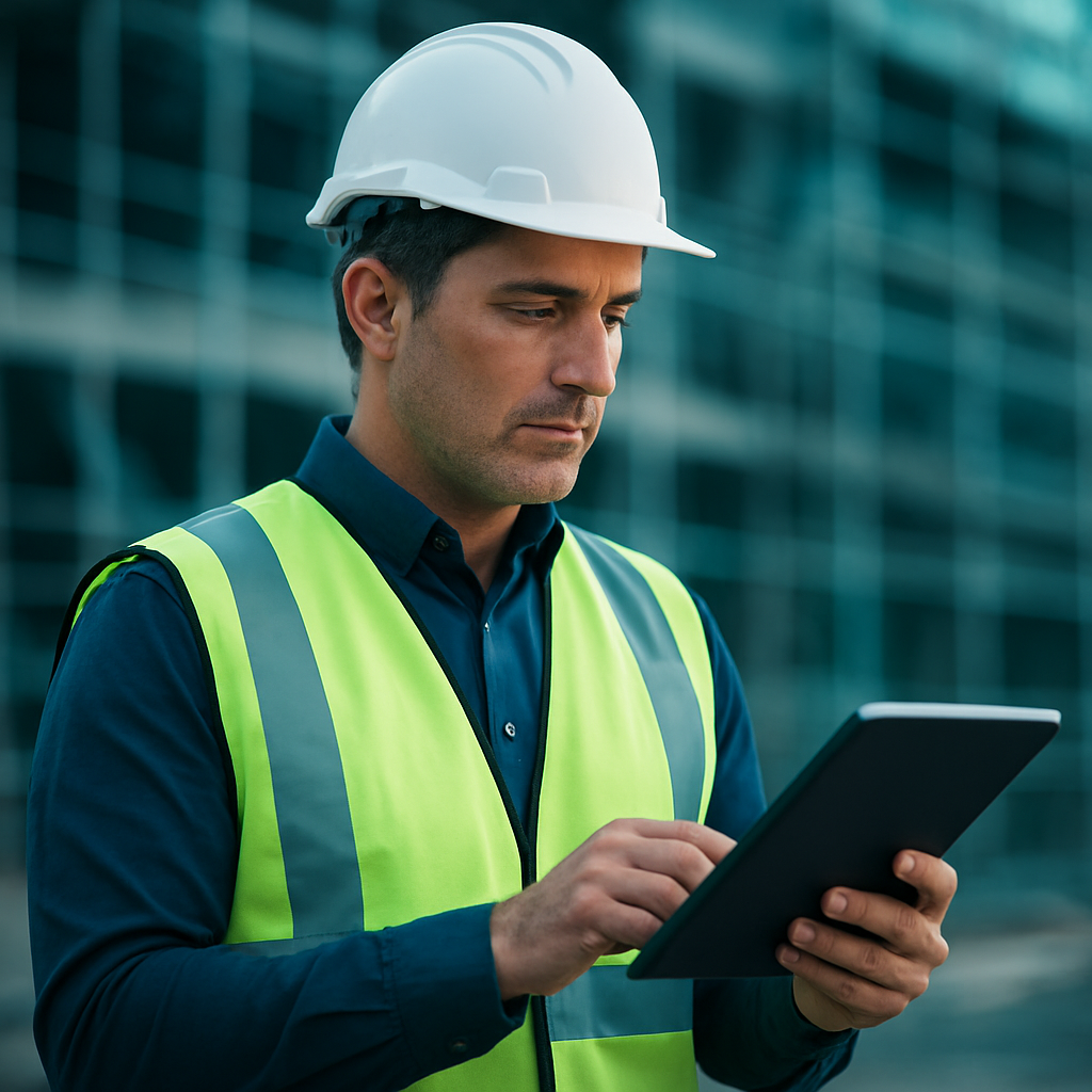 Engenheiro civil analisando documentos da obra no canteiro